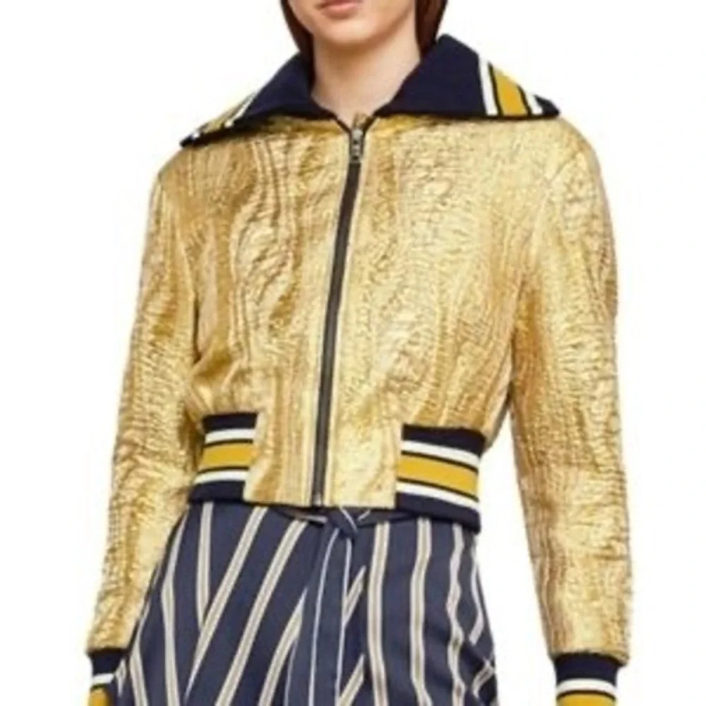 BCBGMAXAZRIA‎ Gold Metallic Bomber Jacket Varsity Striped Collar XXS NWT
